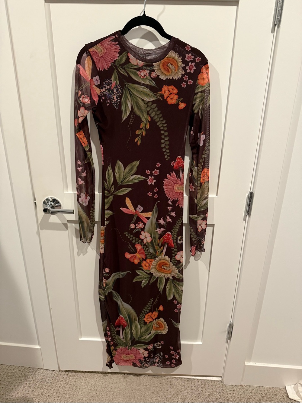 Agua Bendita Brown Floral Mesh Long Sleeve Midi Dress